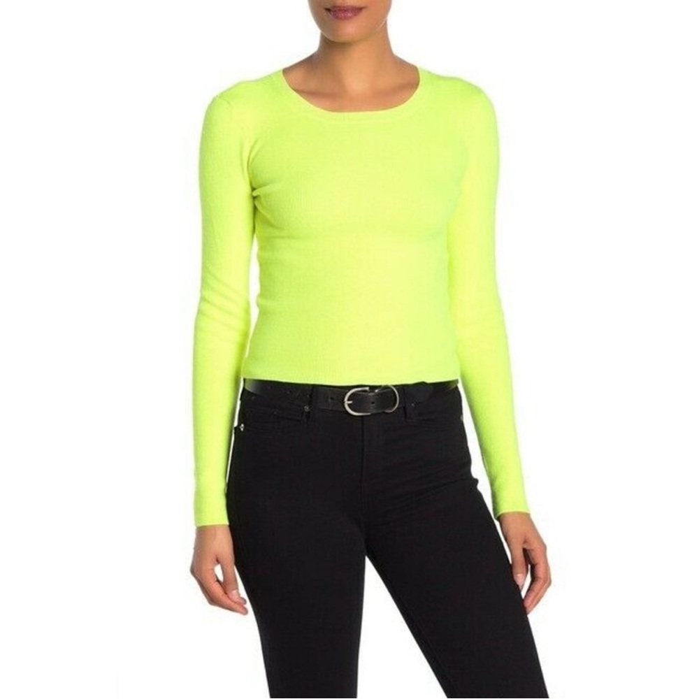 Alice + Olivia Jeans Women’s Ciara Ribbed Cropped Sweater Neon Yellow Small